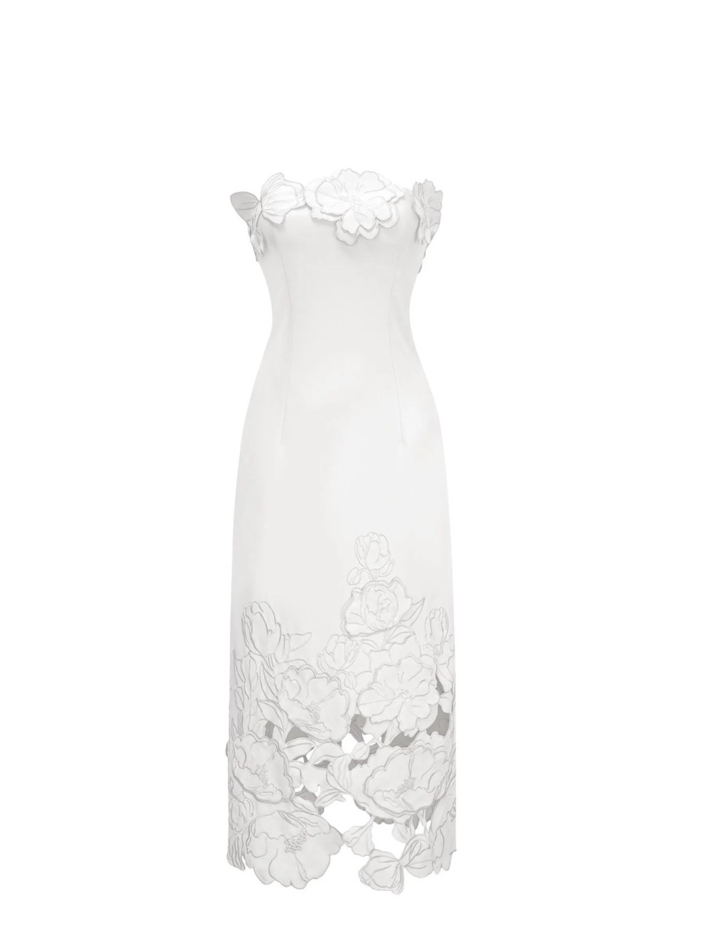 Strapless White Floral-Appliqué Midi Dress